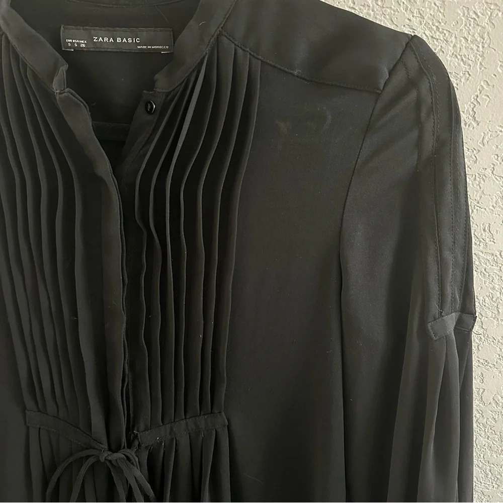 Zara black tie waist sheer long sleeve button down tunic dress shirt - Picture 2 of 8